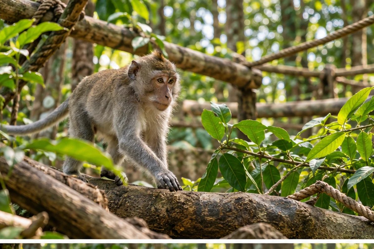A rescued long-tailed macaque in a naturalistic rehabilitation enclosure in Indonesia