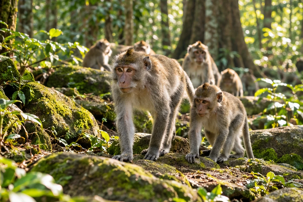 A group of long-tailed macaques moving through a protected Indonesian tropical forest