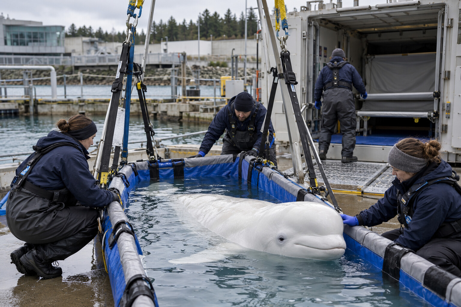 Editorial reconstruction of a veterinary team preparing a beluga whale for specialized transport.