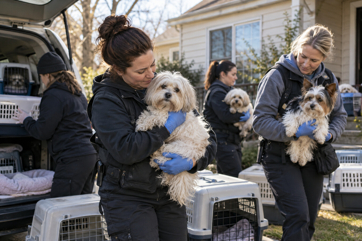 Animal welfare workers gently carrying rescued small dogs to safety