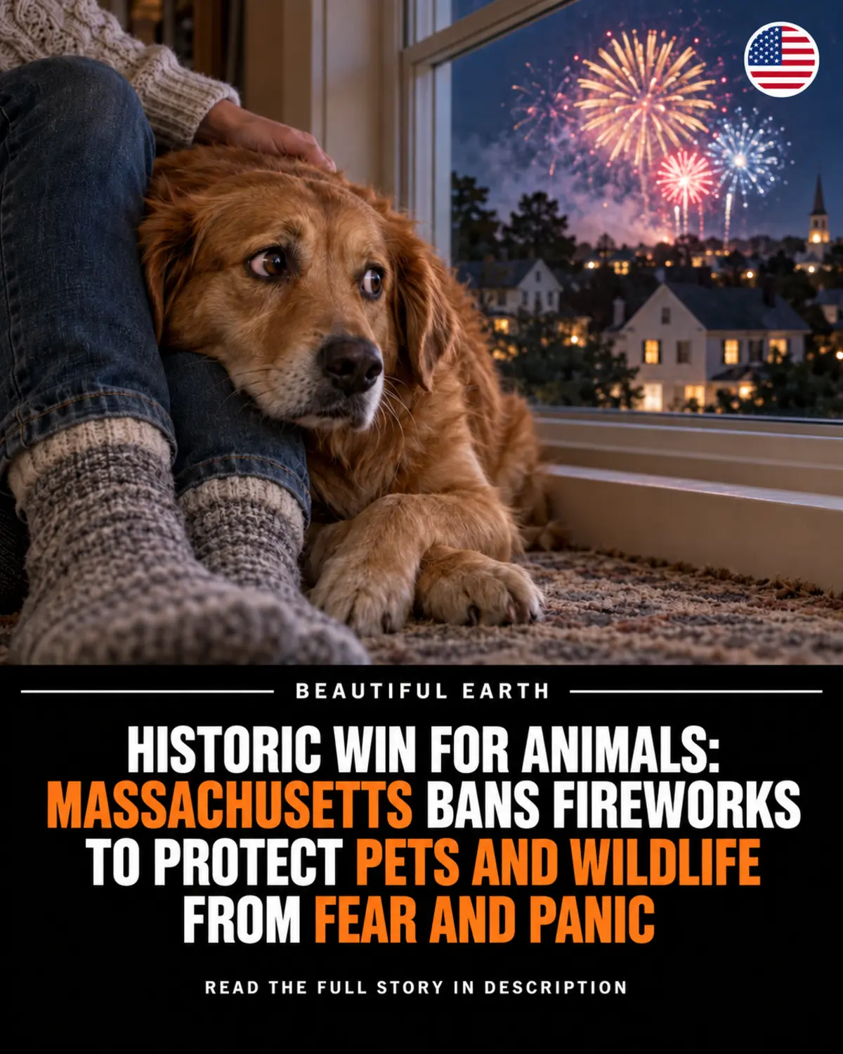 An anxious dog sheltering indoors while fireworks burst over a Massachusetts neighborhood