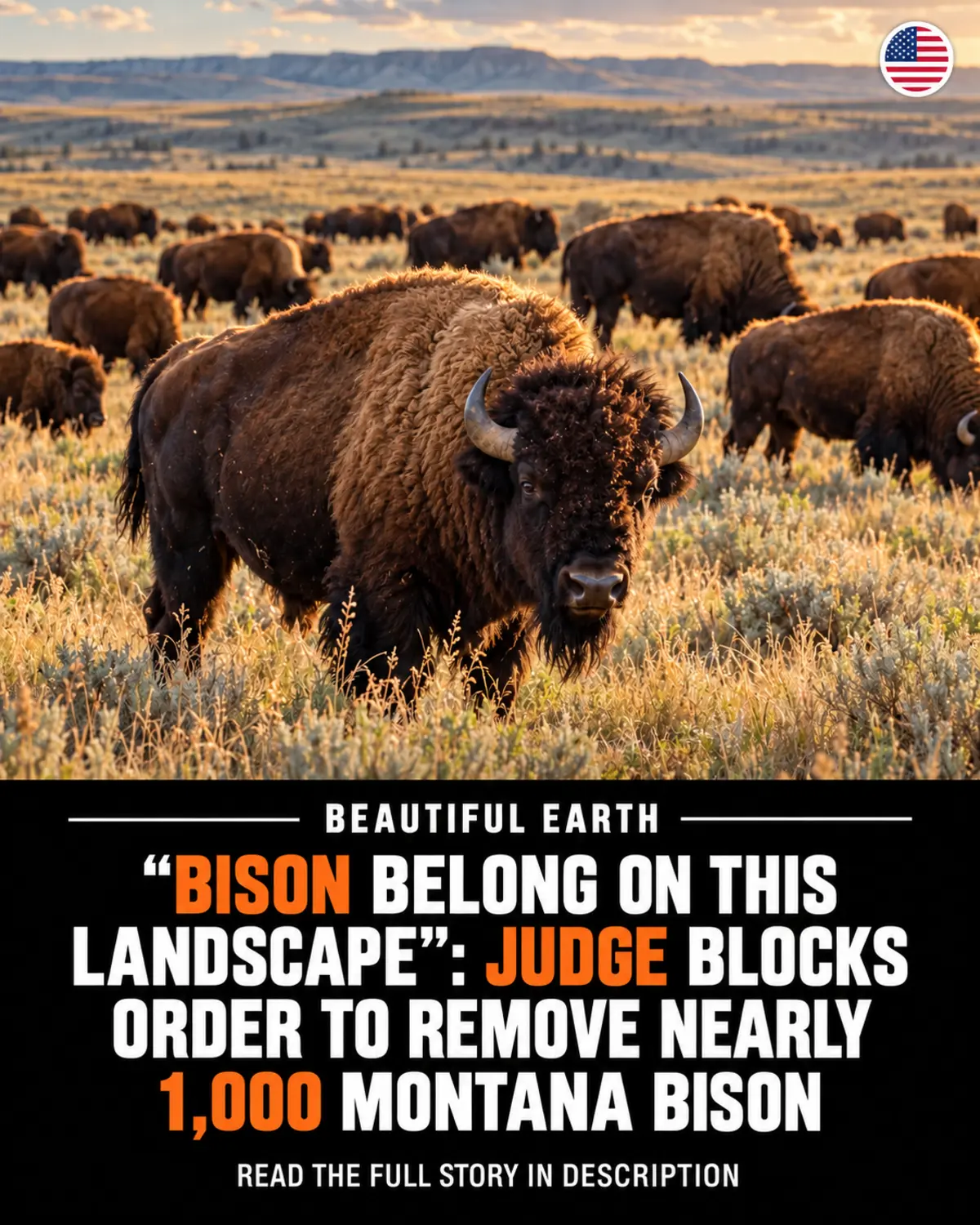 American bison herd on Montana prairie beneath headline about a federal court order