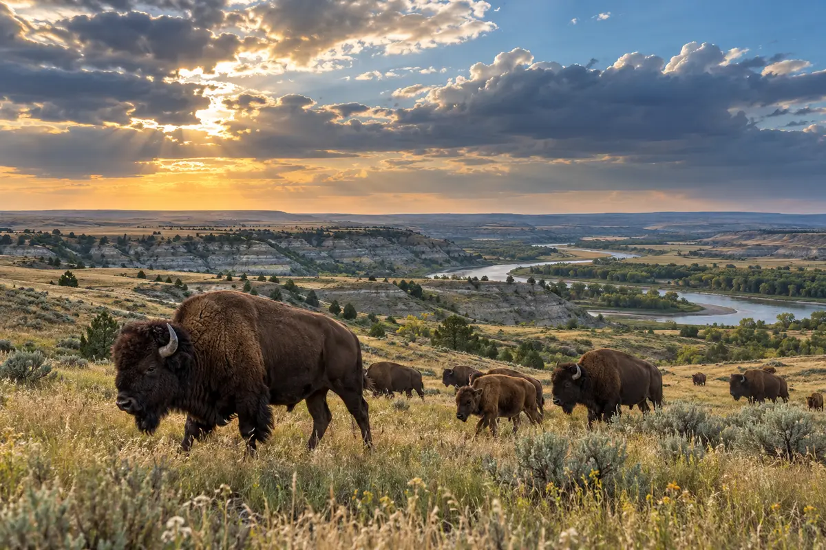 American bison crossing broad native grassland near the Missouri River in Montana