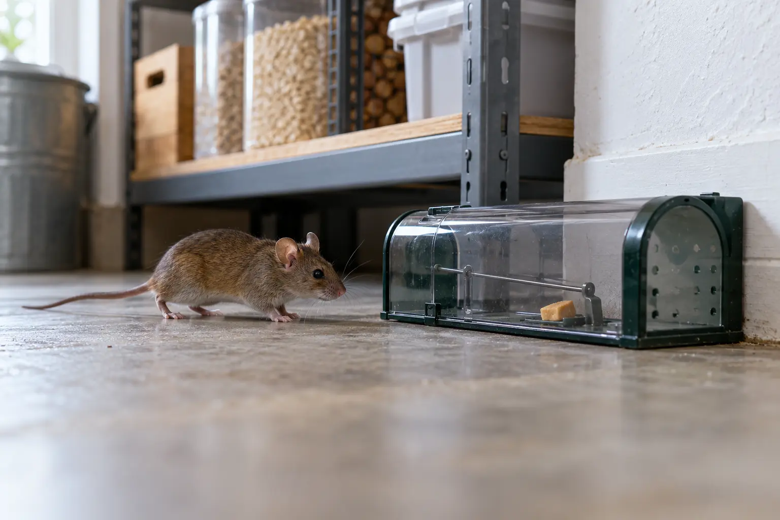 A healthy house mouse approaching a humane live-capture trap