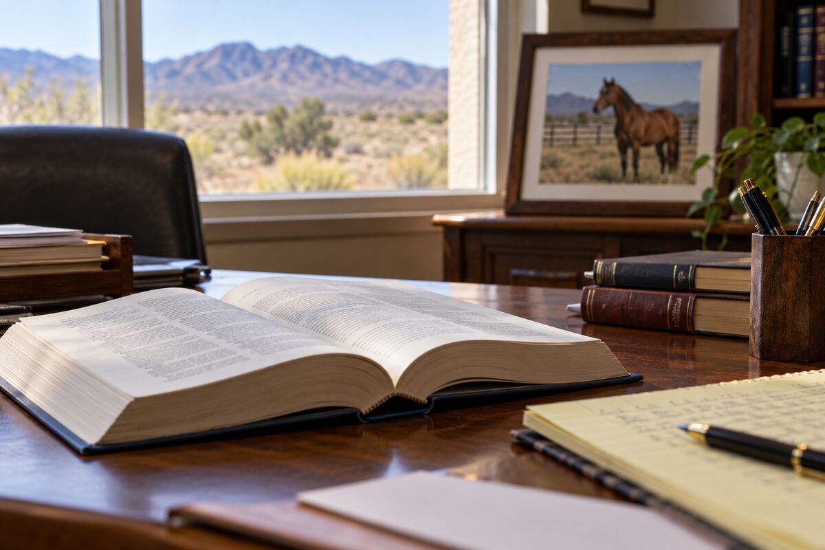 Editorial reconstruction of a law book and notes in a Nevada office with a horse photograph in the background.