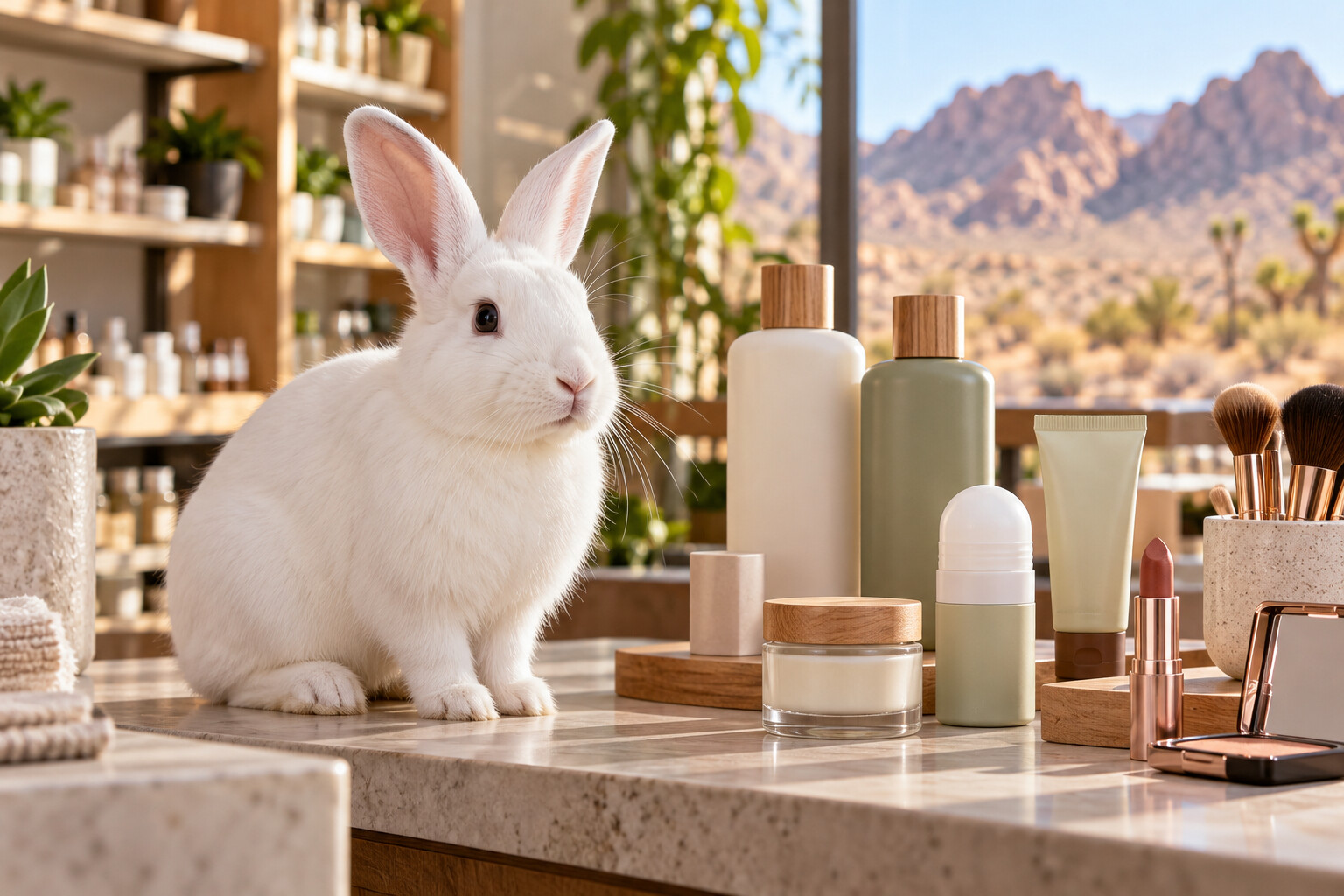 A healthy white rabbit beside unbranded personal-care and cosmetic products in a Nevada desert setting.