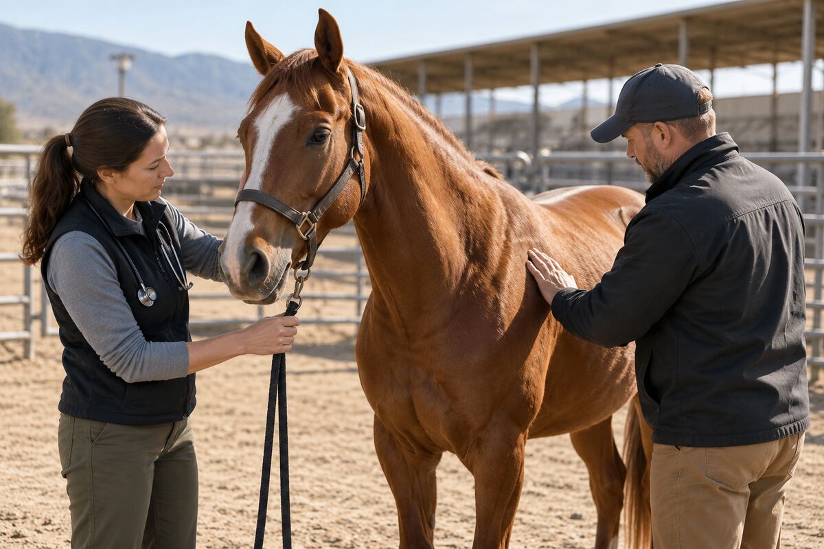 Editorial reconstruction of an equine veterinarian and animal-welfare inspector checking a calm horse at a Nevada arena.