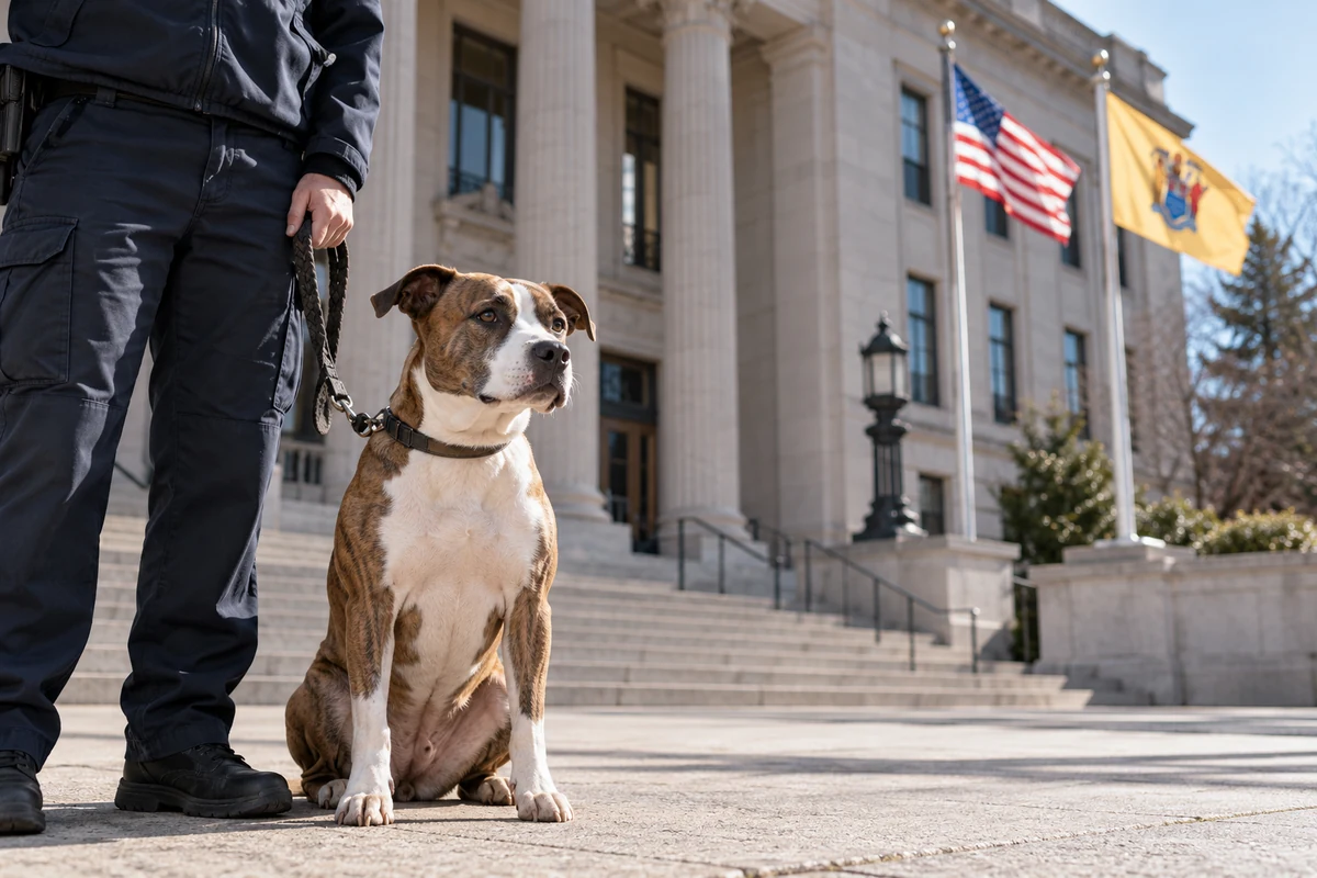 A rescued dog and animal-control officer outside a New Jersey courthouse
