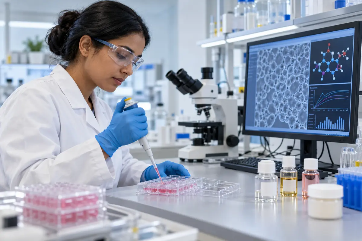 Scientist using cell cultures and computer models for cosmetic safety research