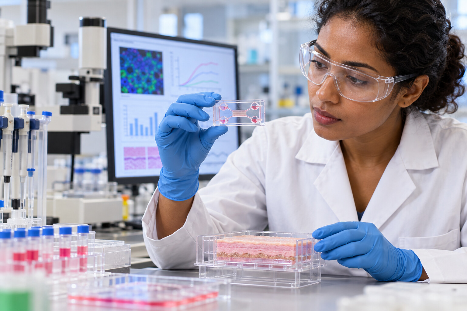A scientist studies an organ-on-chip device and cultured human skin model in a modern laboratory.
