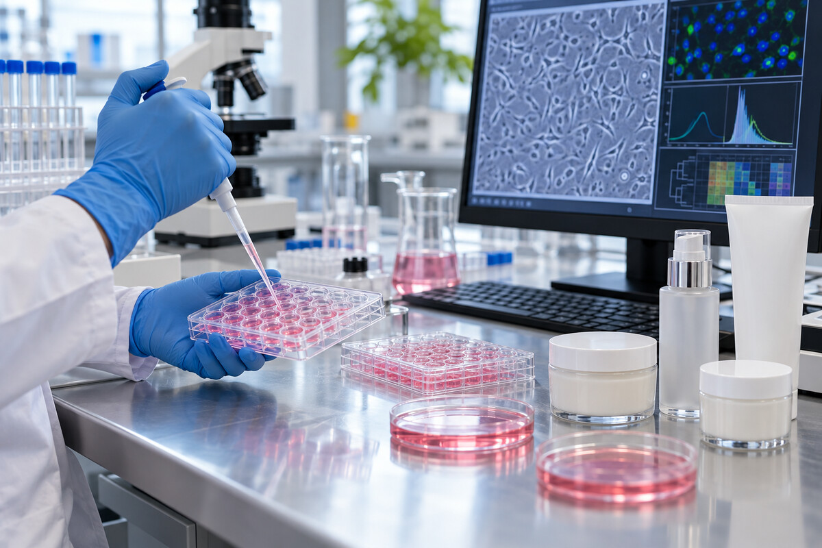 Gloved hands use human-cell culture plates and computer analysis beside unbranded cosmetics.