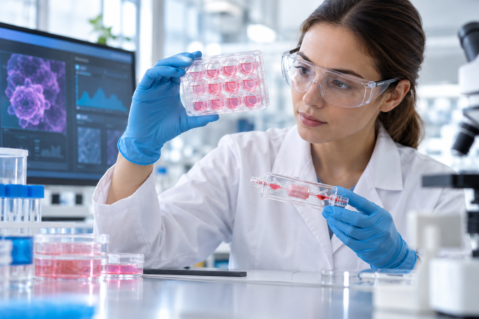 Scientist examines human cell cultures and an organ-on-chip device