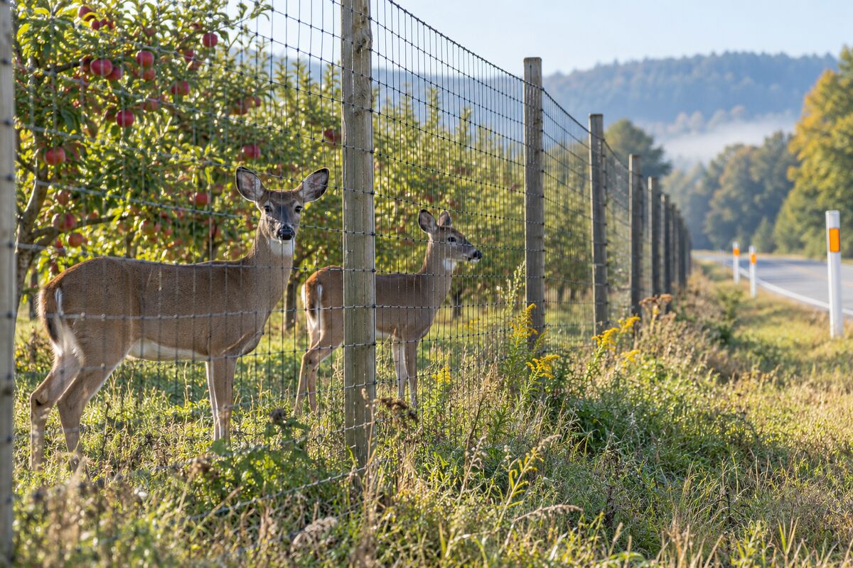 Editorial reconstruction of white-tailed deer beside wildlife exclusion fencing near an orchard and roadway.