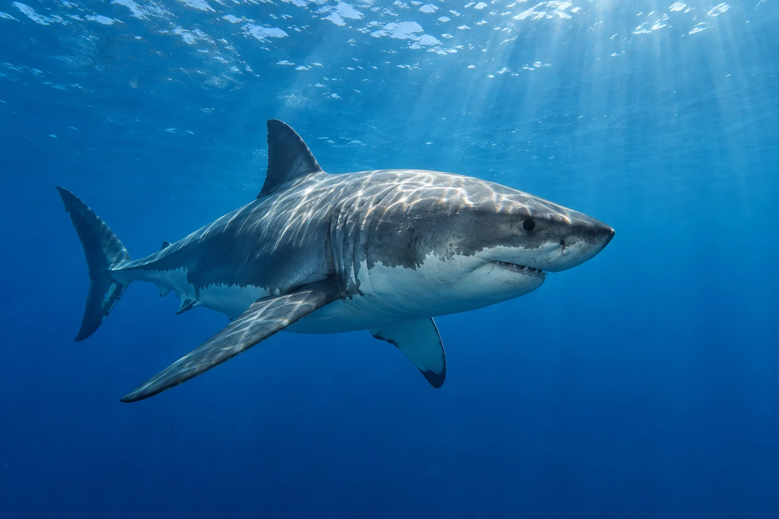 A healthy oceanic shark swimming freely in clear blue water