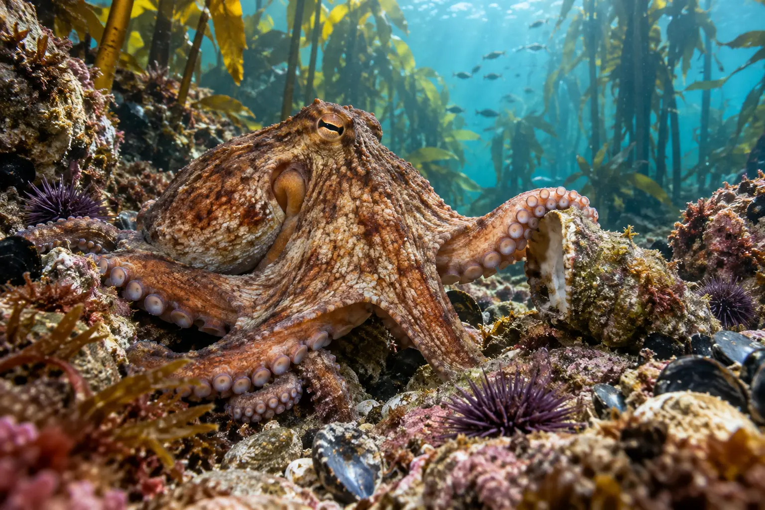 A common octopus exploring a complex kelp and rocky reef habitat