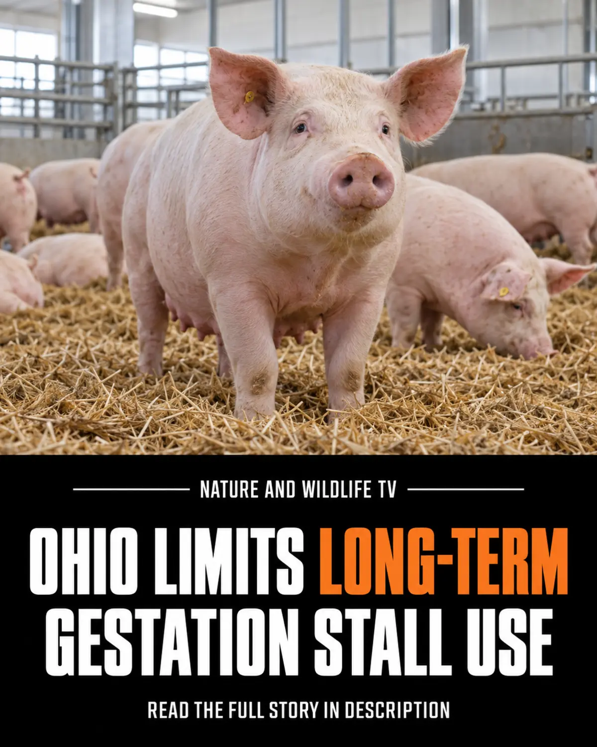 Mother pig in group housing above a headline about Ohio gestation-stall limits