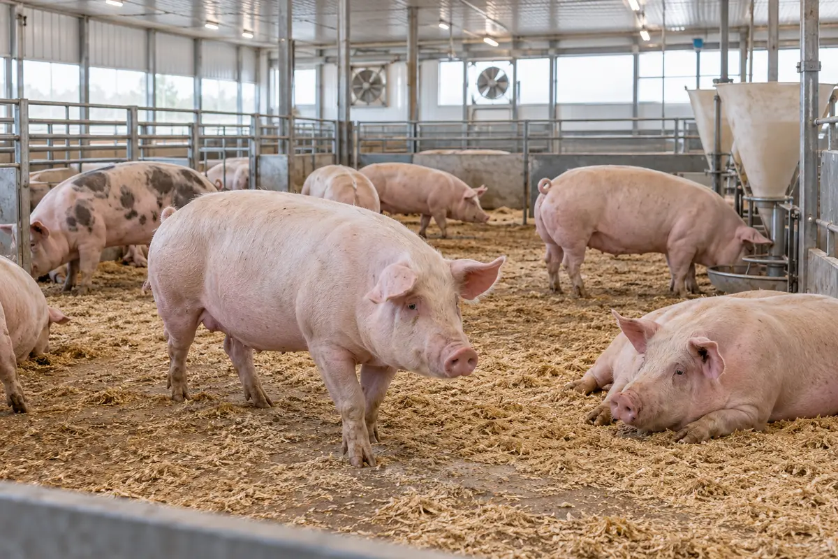 Adult sows walking and resting in a spacious indoor group-housing barn