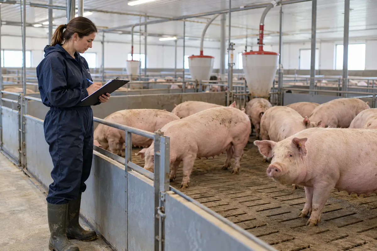 A livestock-care inspector reviewing sow group housing inside a barn