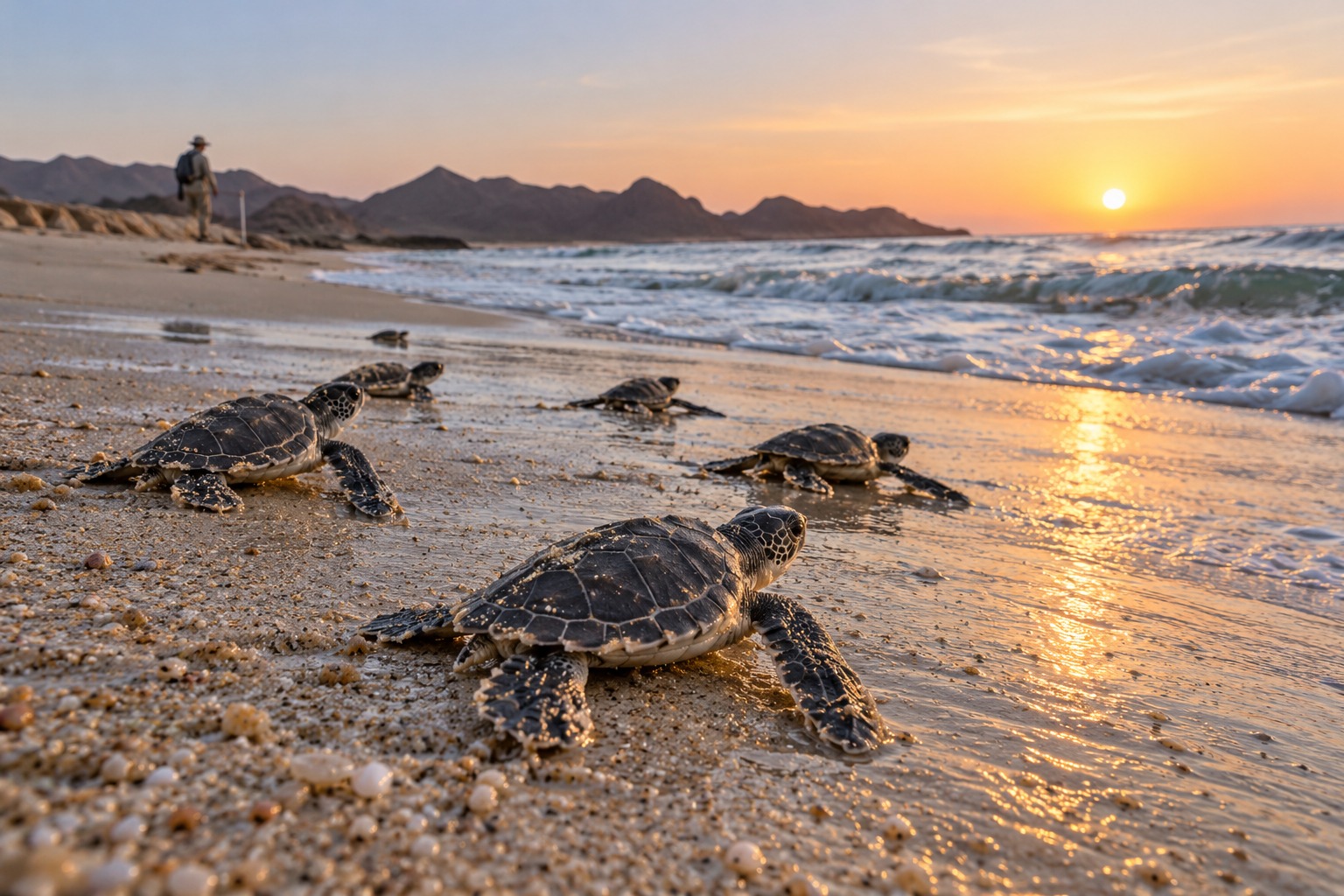 Educational reconstruction of green sea turtle hatchlings moving toward the sea on an Oman beach.