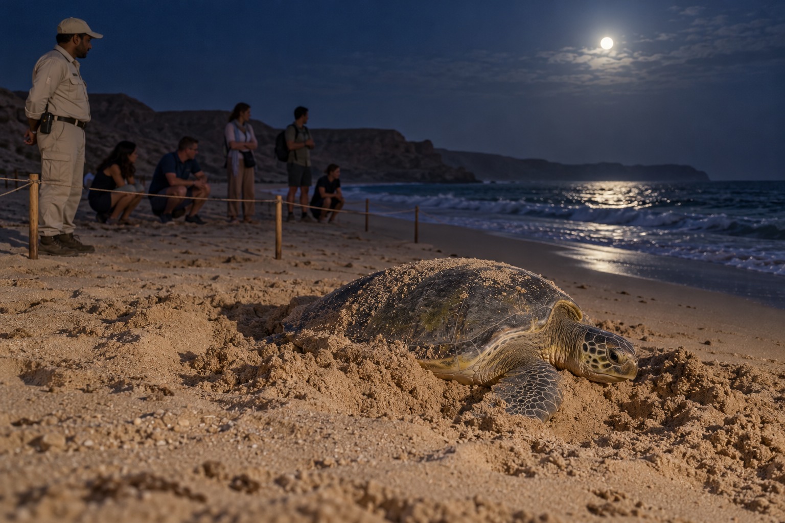 Educational reconstruction of visitors observing a nesting green sea turtle from behind a protective boundary in Oman.