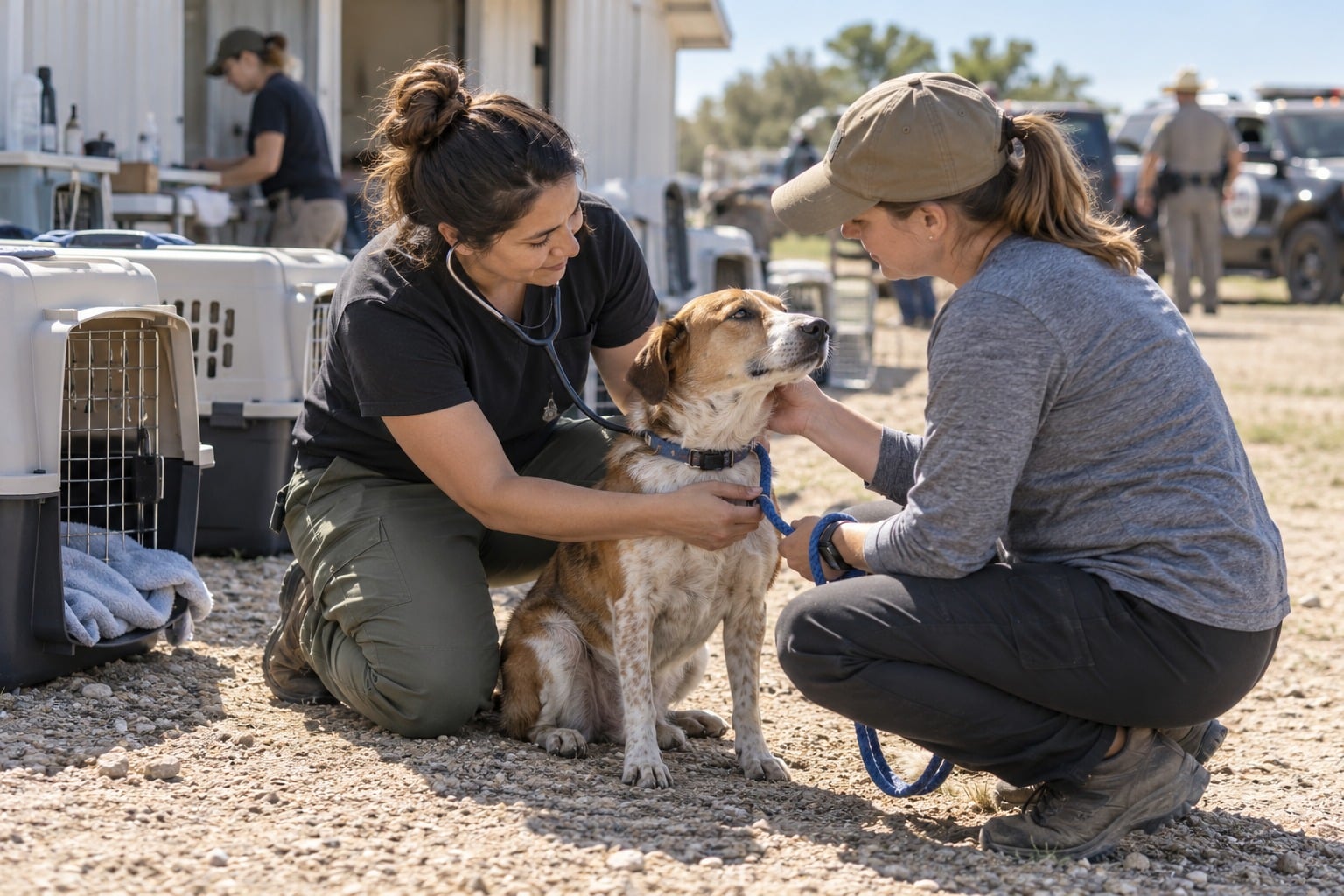 Animal-care workers examine a rescued dog at a temporary veterinary intake area