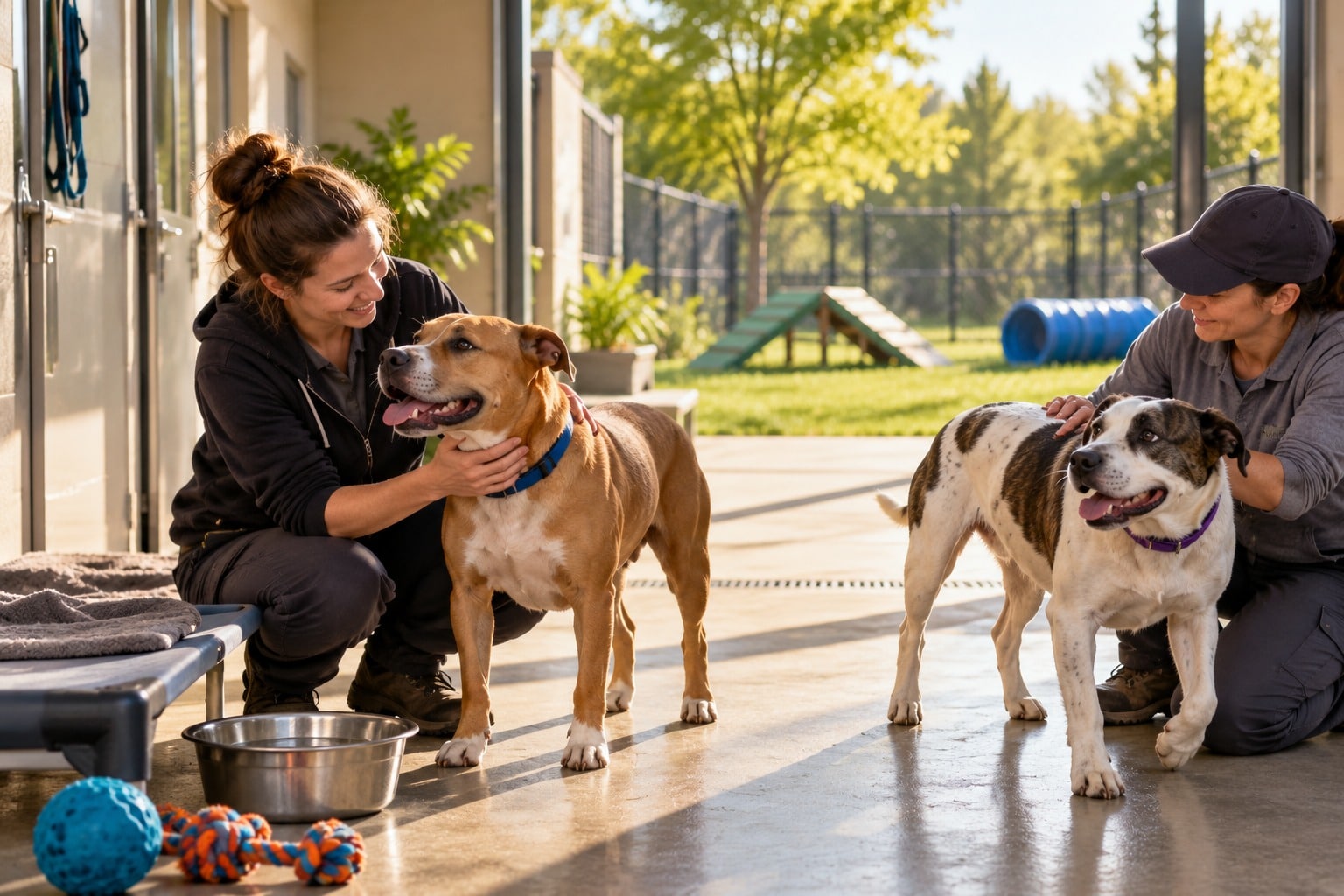 Two rescued dogs receive calm care in a shelter exercise area