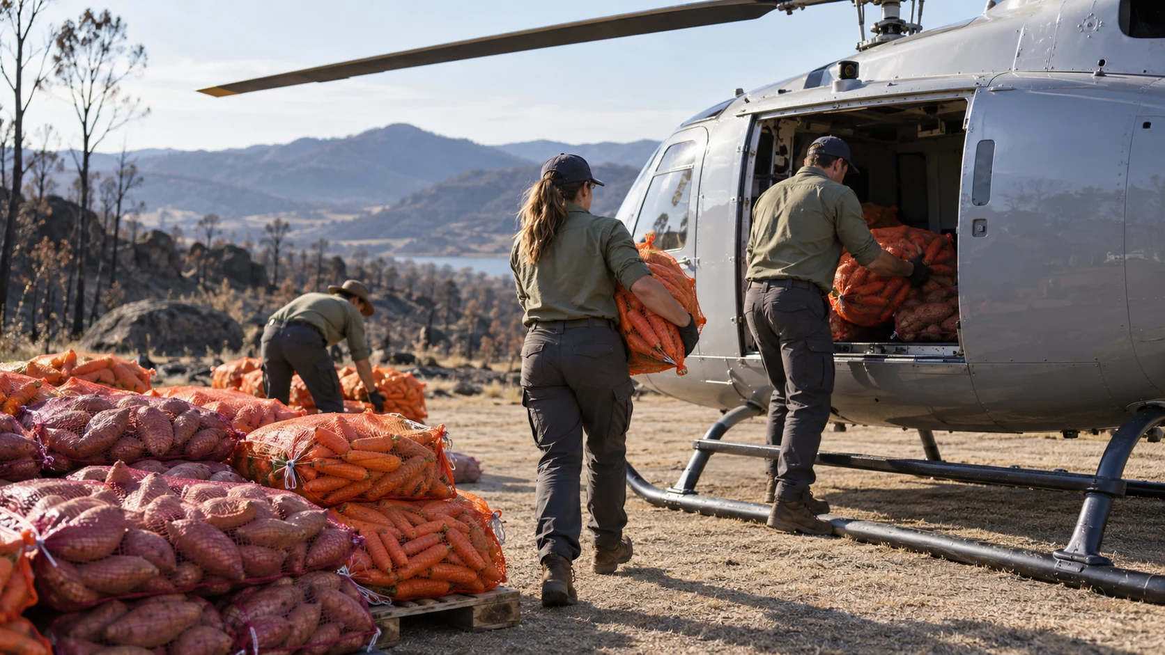 Wildlife conservation staff load carrots and sweet potatoes into a helicopter for an emergency food drop.