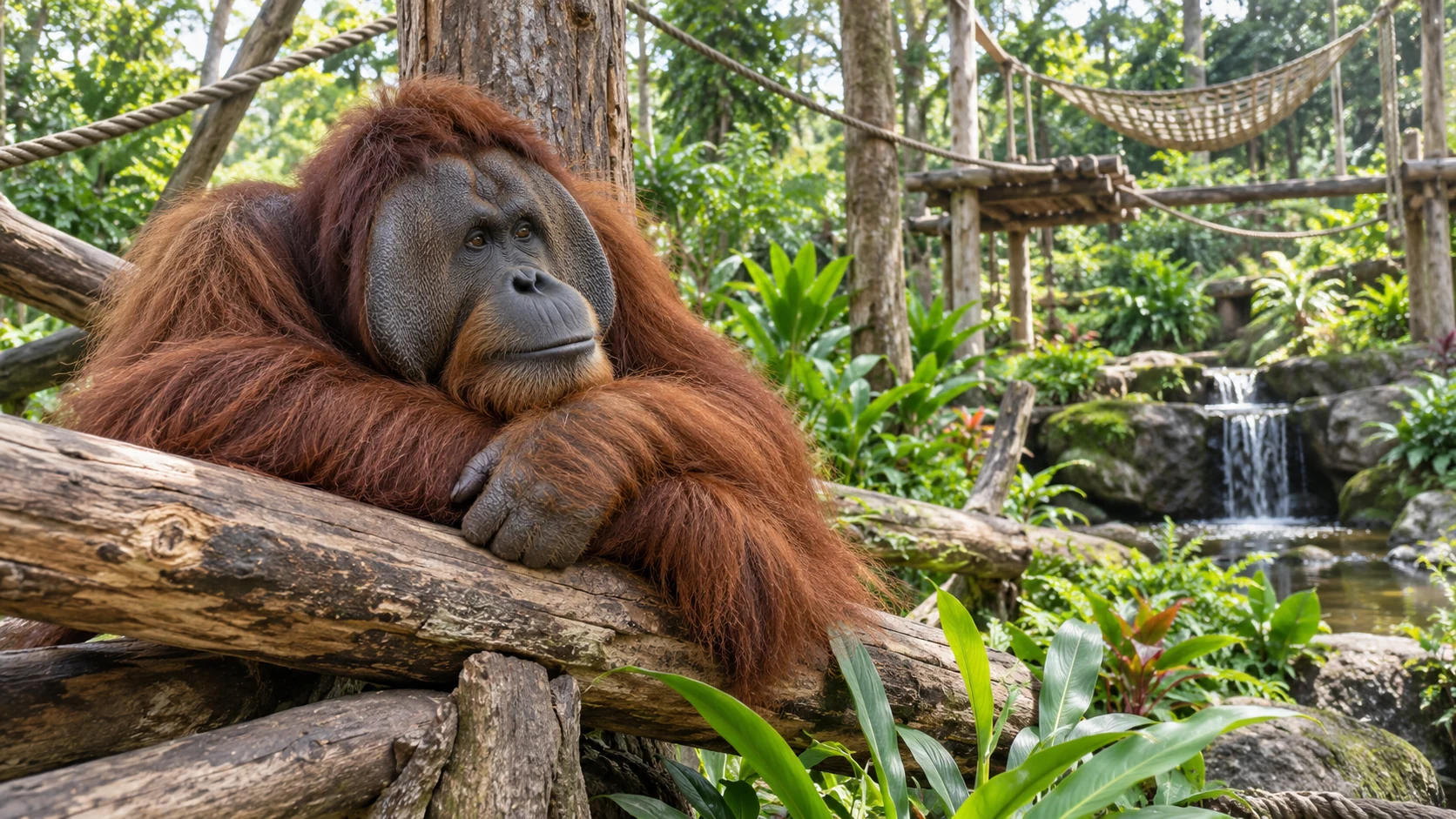Orangutan resting in a spacious naturalistic sanctuary habitat