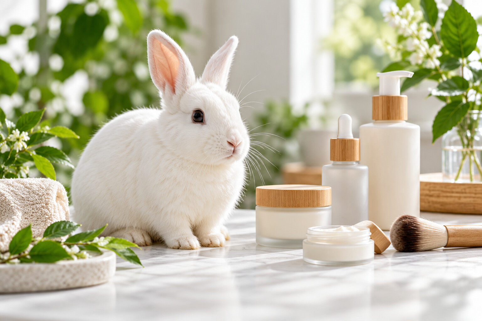 A healthy white rabbit beside unbranded skincare products in a bright cruelty-free beauty setting.
