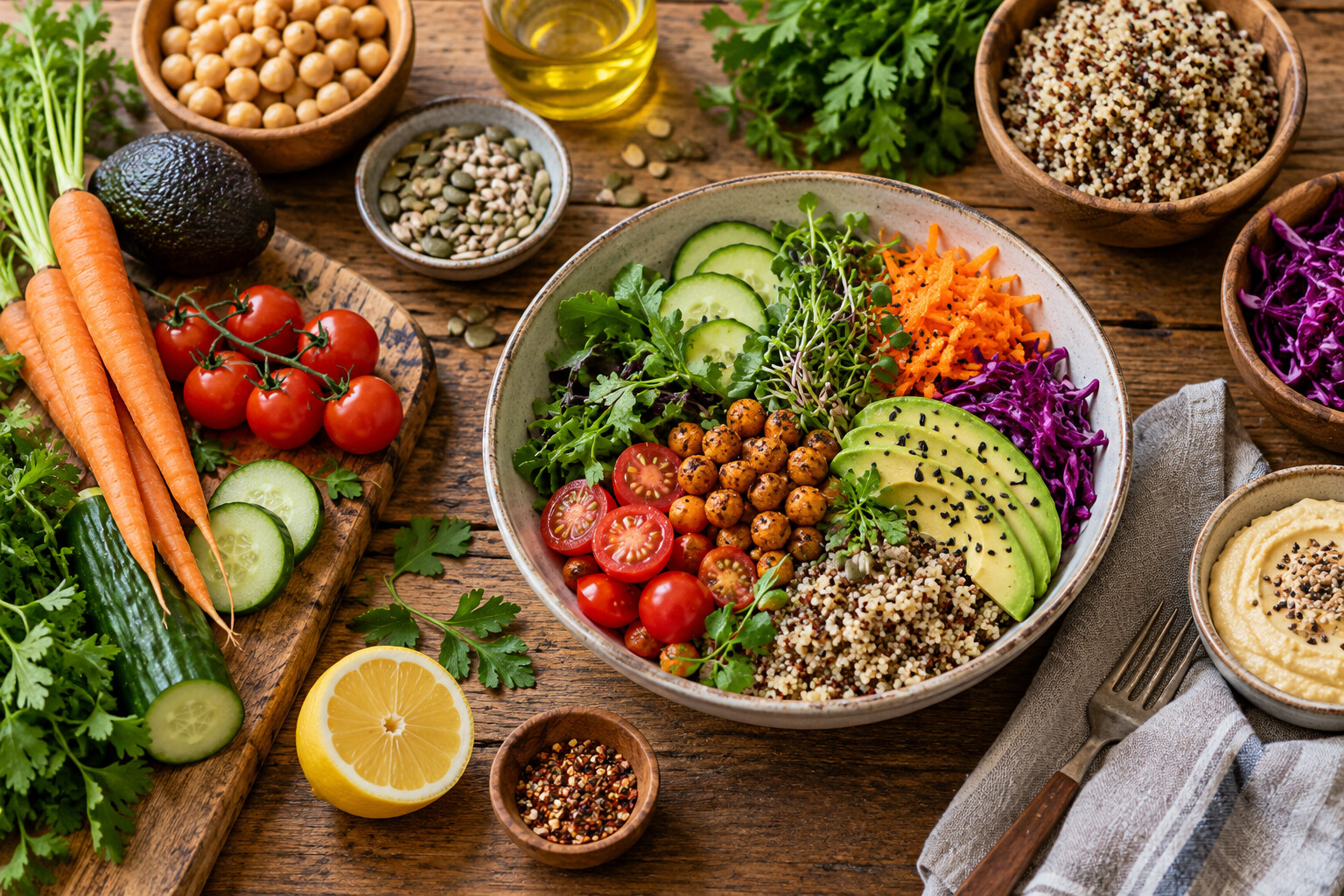 A colorful plant-based meal surrounded by vegetables, grains, legumes and herbs.