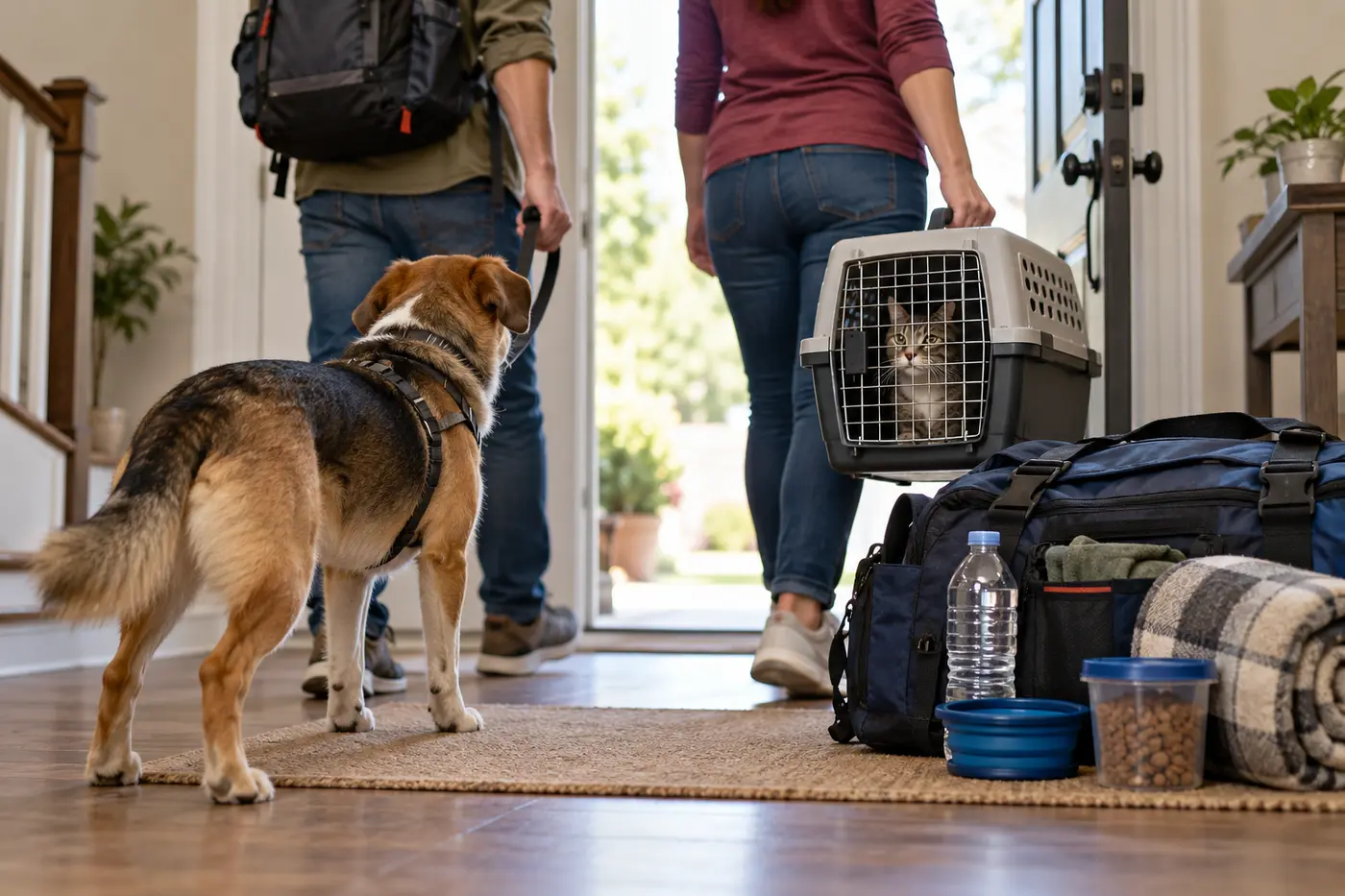 A dog, a cat carrier and an emergency supply bag at a home's doorway