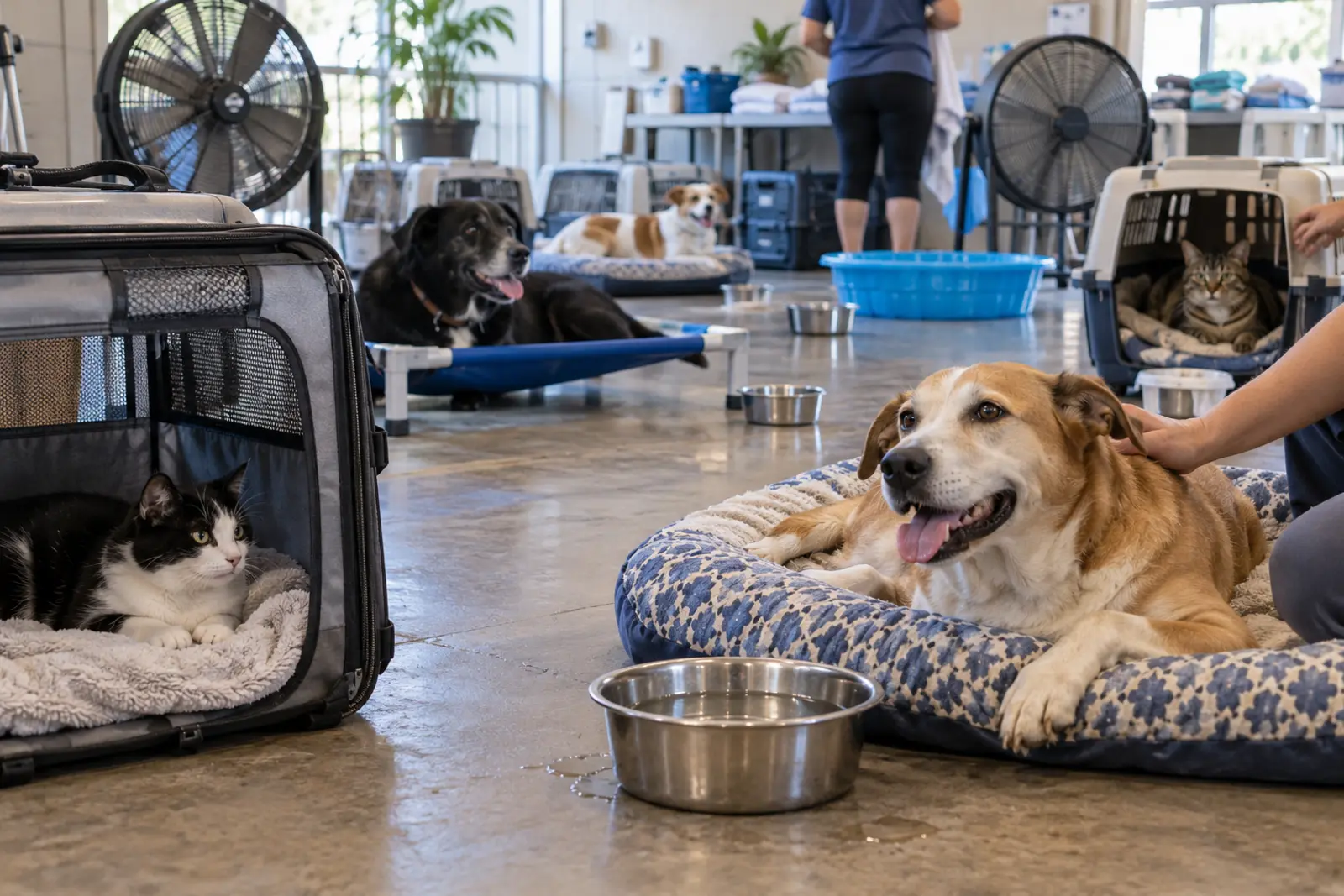 Dogs and cats resting inside a cooled shelter room with water and fans