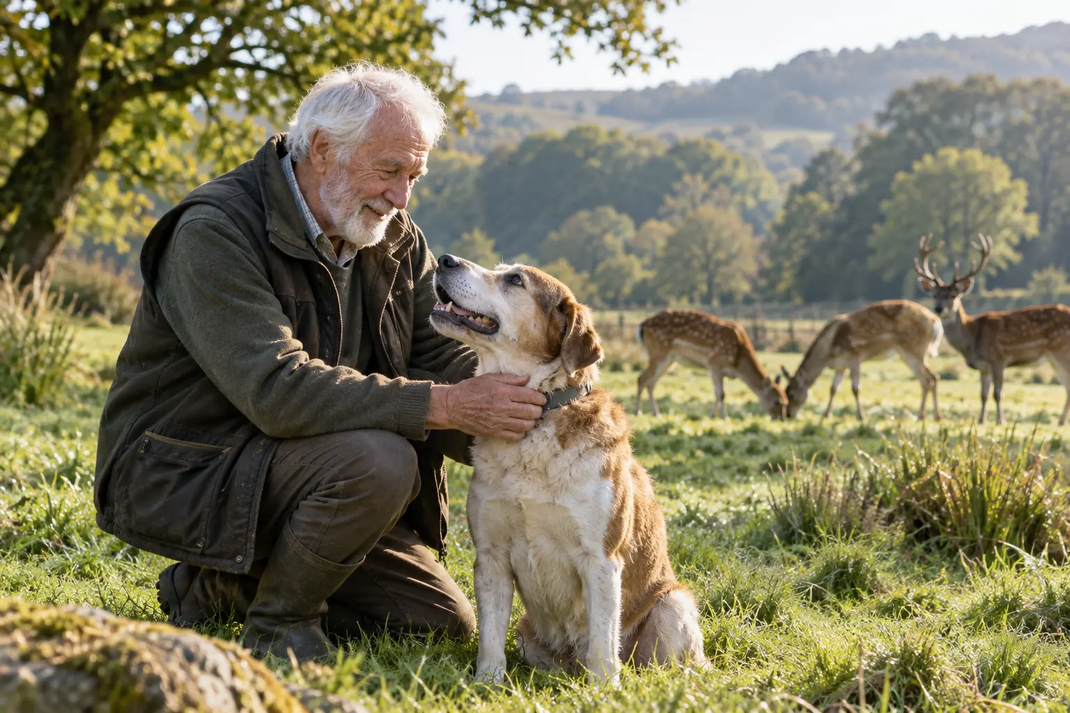 Editorial illustration of an older animal advocate with a rescued dog at a sanctuary