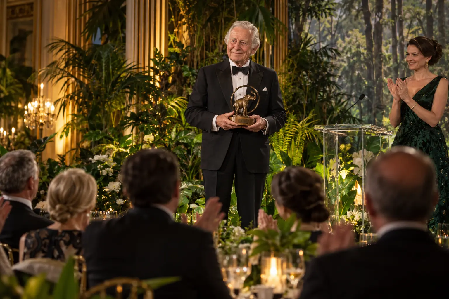 Editorial illustration of an animal advocate receiving an award at a rainforest-themed London gala