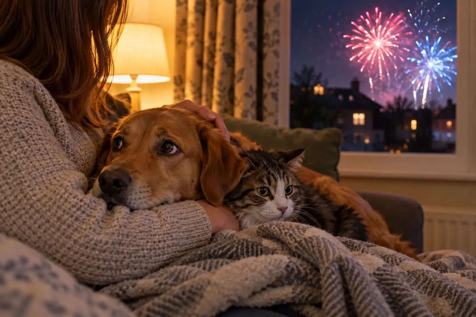A dog and cat are comforted indoors while fireworks burst outside
