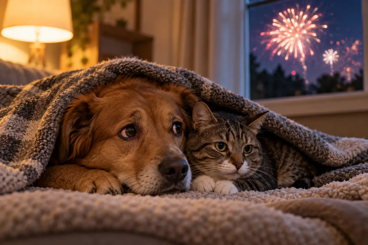 A dog and cat shelter together indoors during distant fireworks