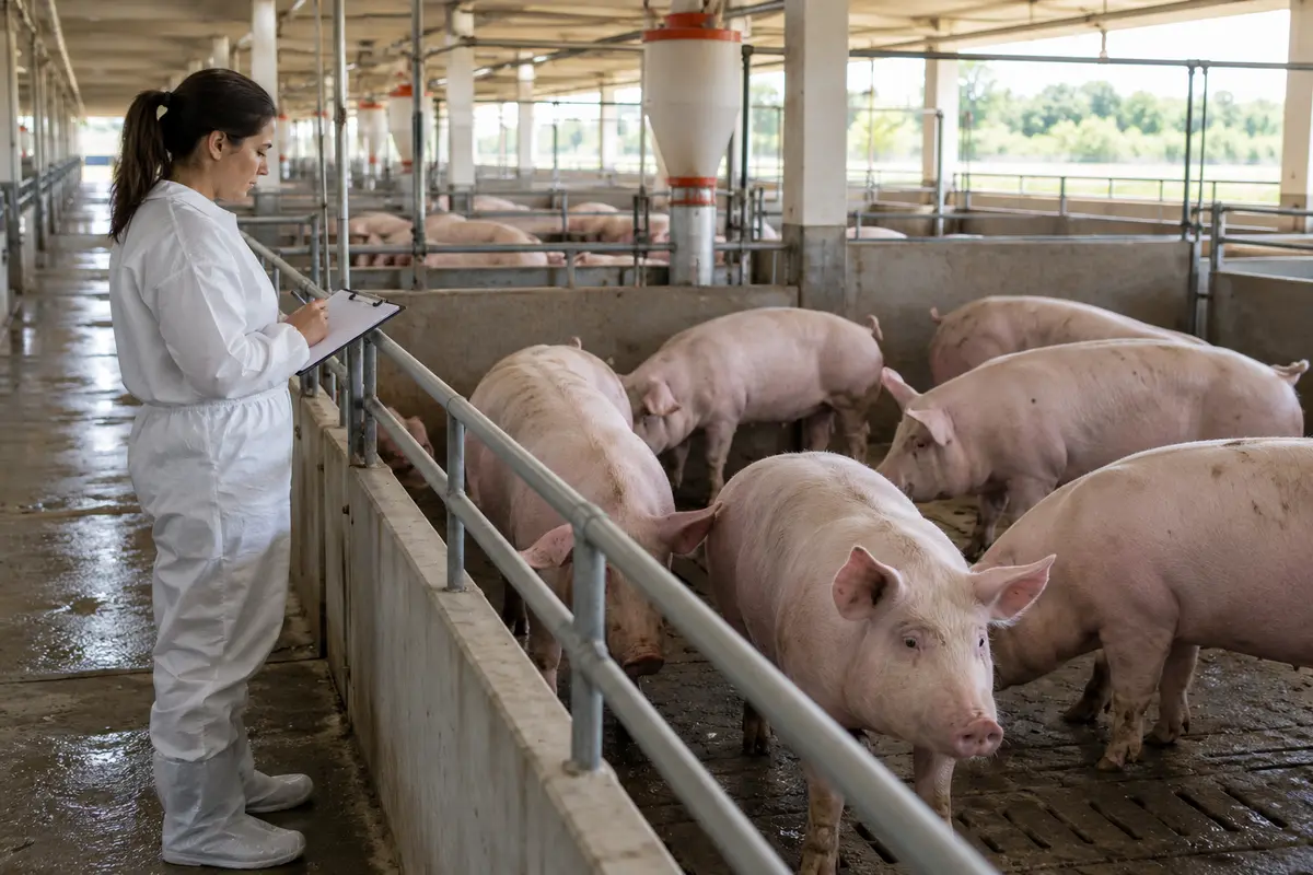A veterinary professional observes pigs in open pens and records notes inside a commercial barn.
