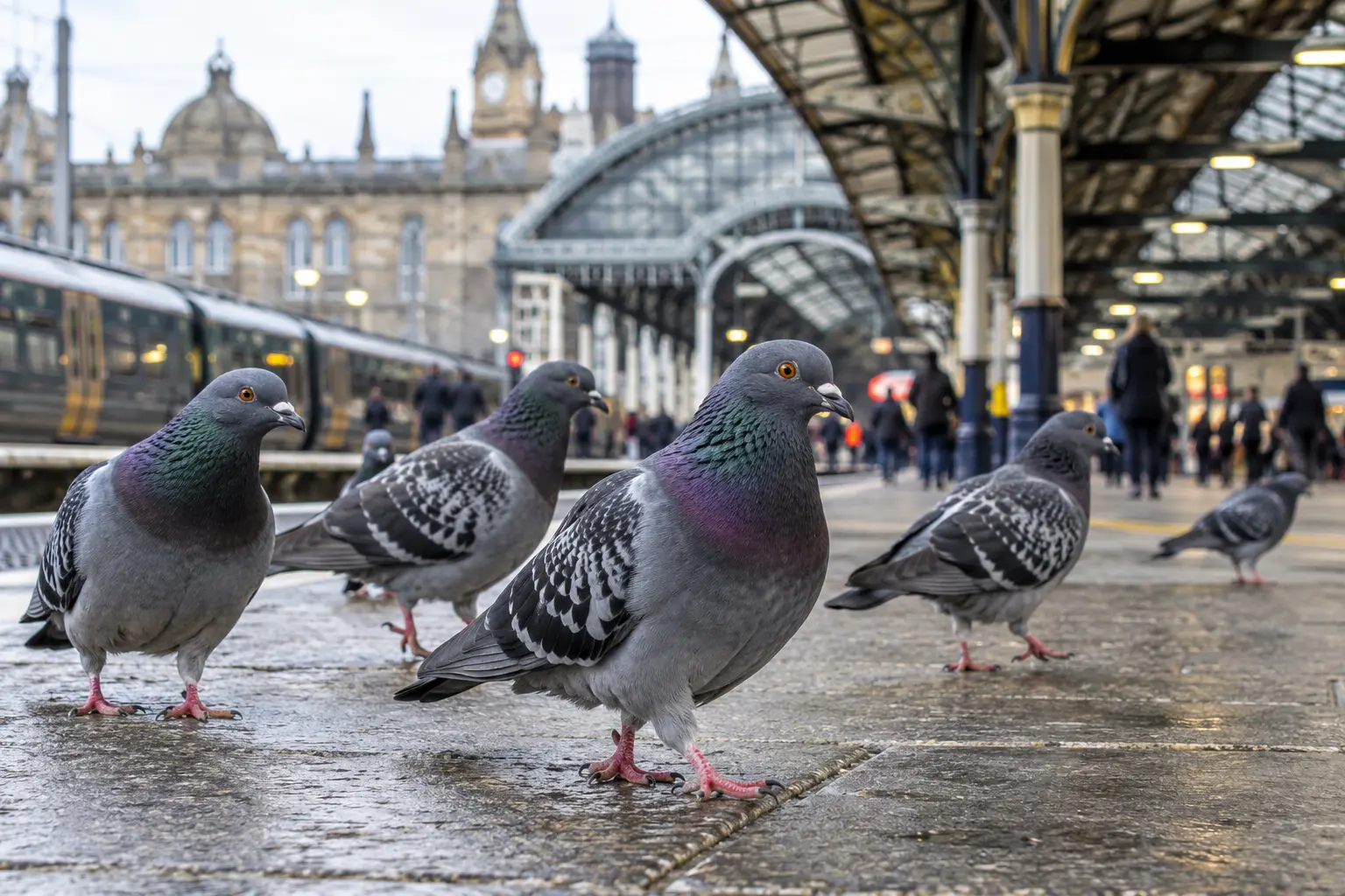 Healthy pigeons standing on a platform at a large UK railway station.