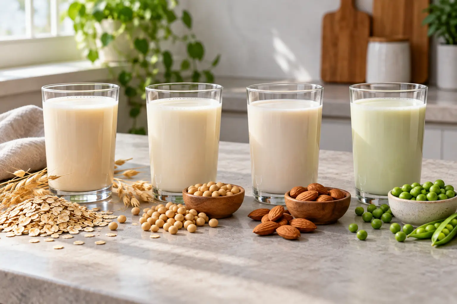 Glasses of oat, soy, almond and pea-based beverages with their ingredients