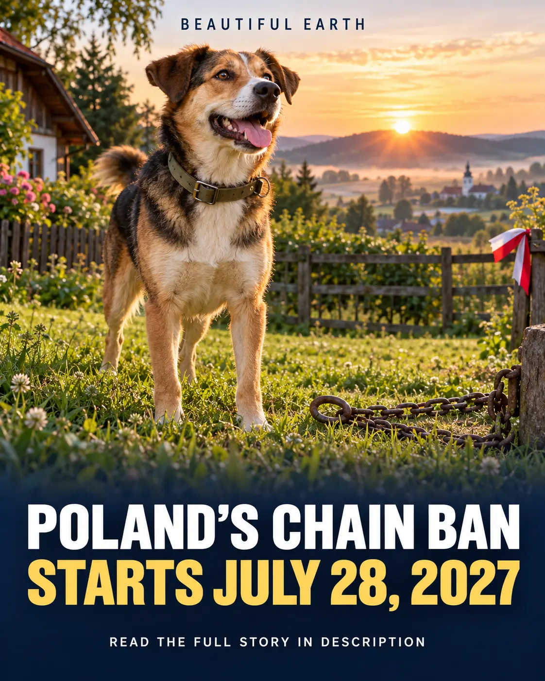 A free dog in a Polish countryside yard with headline about Poland's tethering ban