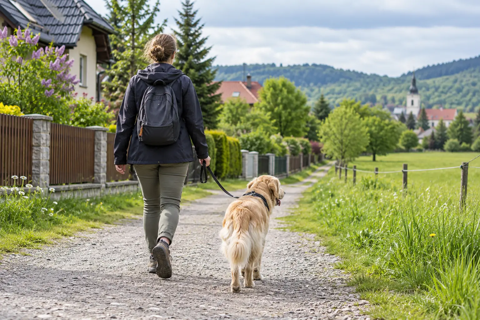 A person walking a dog on a loose leash along a rural village path in Poland