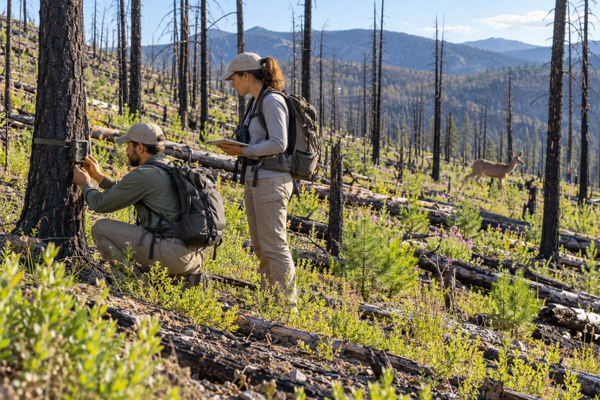 Educational reconstruction of wildlife biologists checking a trail camera in a recovering burned forest as a mule deer moves in the background.