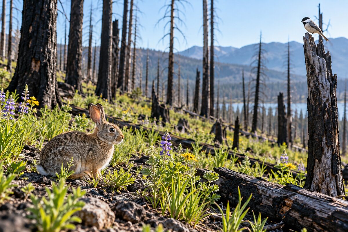 Cottontail rabbit and chickadee among green regrowth and charred trunks after a wildfire.