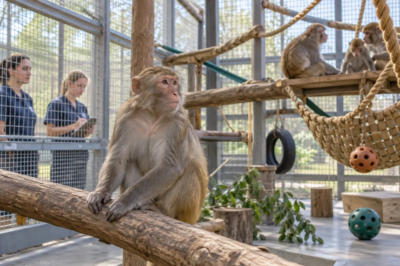 Macaques in an enriched enclosure while caregivers monitor their welfare