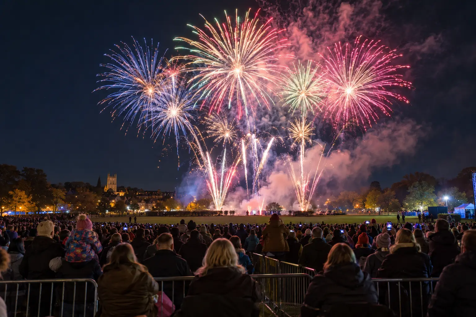 Spectators watch an organised professional fireworks display from behind safety barriers