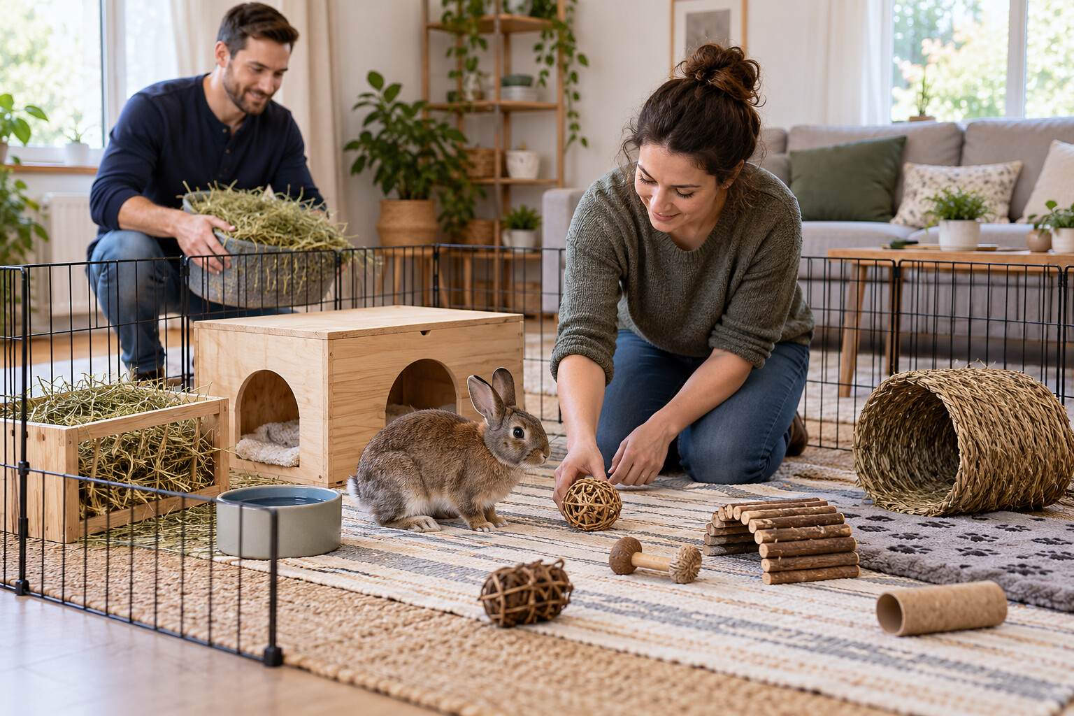 Two adults preparing a spacious exercise pen with hay, water, shelter and enrichment for a rabbit.