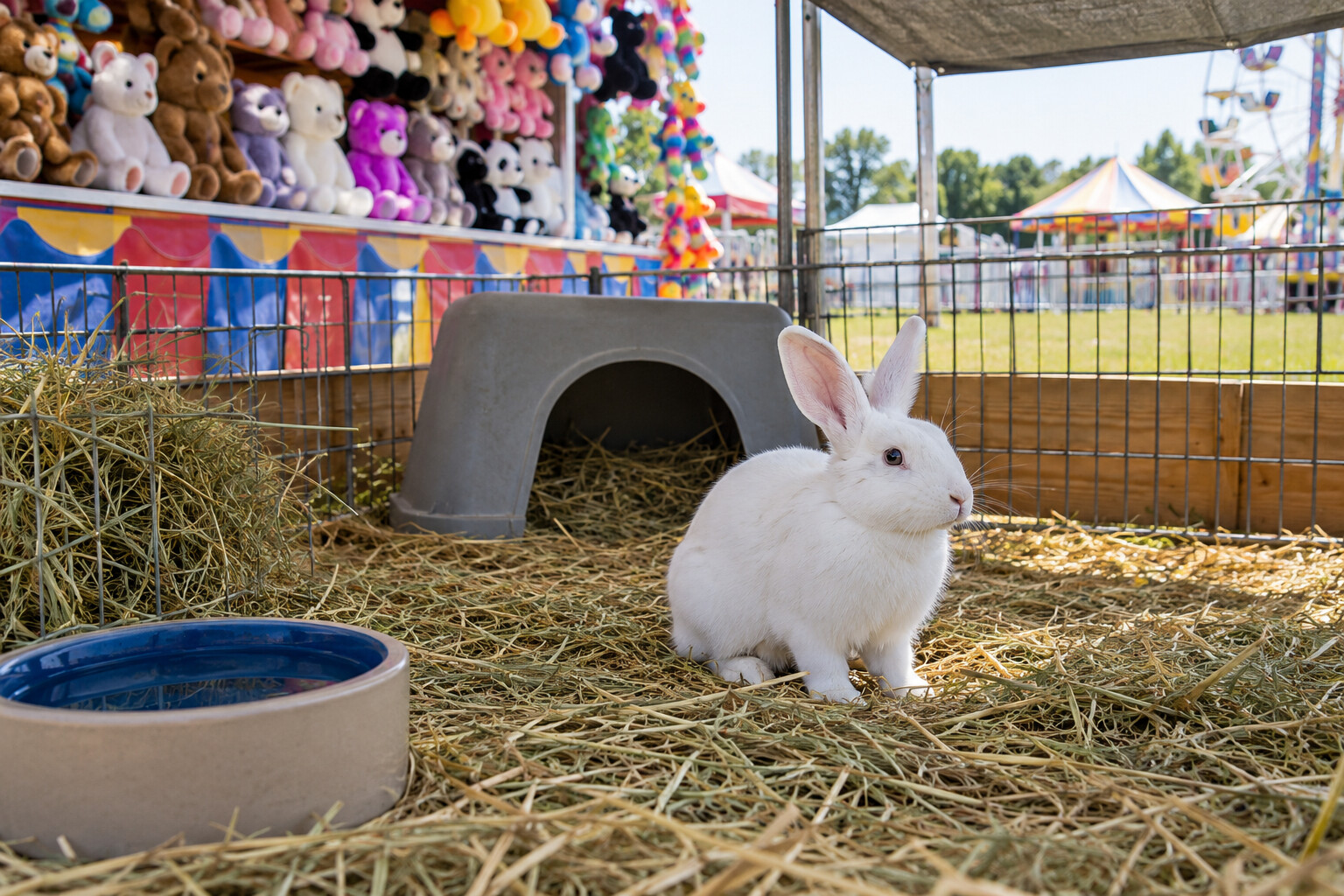 A white rabbit in a clean temporary enclosure at a fair, with plush prizes displayed separately behind it.