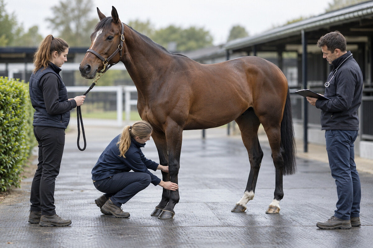Veterinary professionals conducting a calm welfare assessment of a racehorse