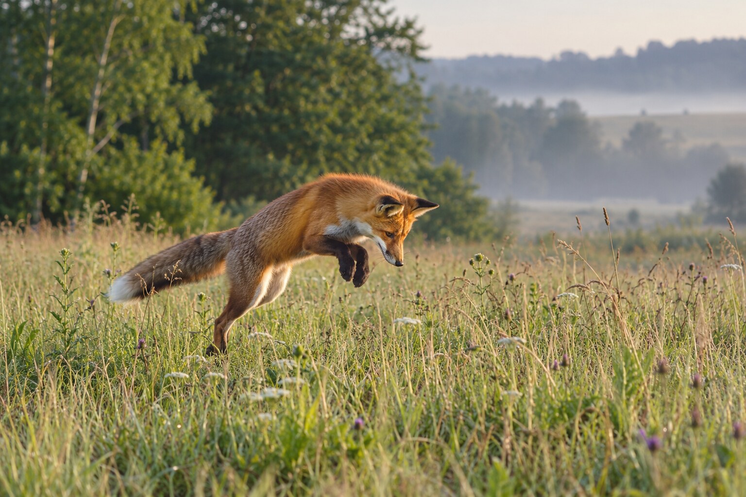 A healthy red fox foraging naturally in a meadow.