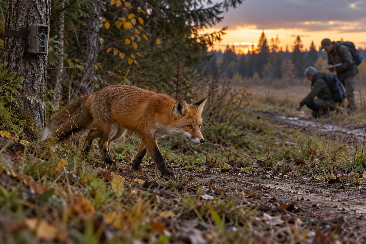 A red fox passing a remote trail camera used for non-invasive wildlife monitoring.